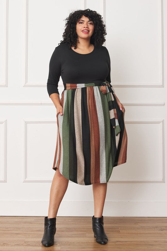 TEEK - Plus Size Quarter Sleeve Stripe Sash Dress DRESS TEEK FG   