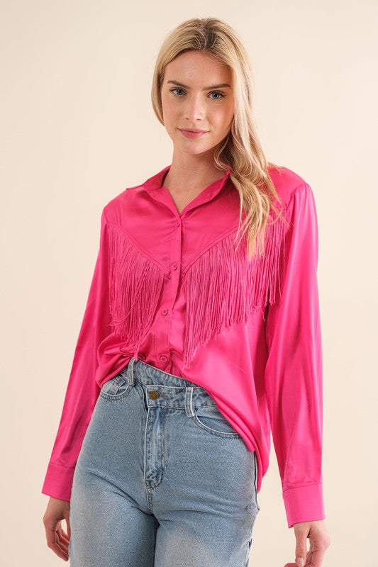 TEEK - Chevron Fringe Satin Blouse TOPS TEEK H Hot Pink S 