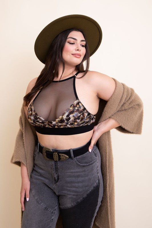 TEEK - Plus Size Multi-Brown Mesh Print High Neck Bralette BRA TEEK FG   