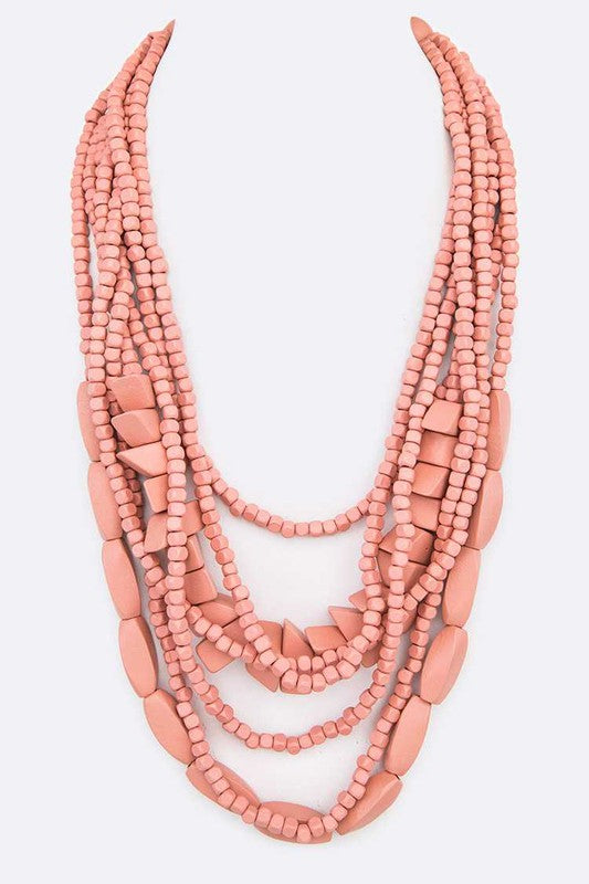 TEEK - Mix Wooden Beads Statement Layer Necklace JEWELRY TEEK FG Pink  