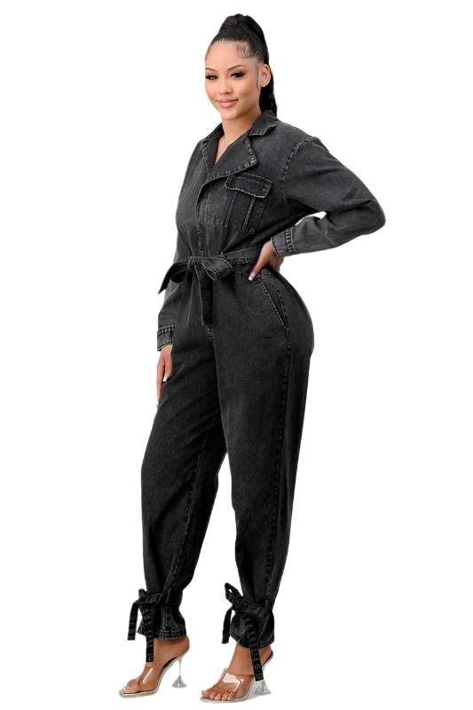 TEEK - BLACK WASHED DENIM TIE ANKLE JUMPSUIT JUMPSUIT TEEK FG   