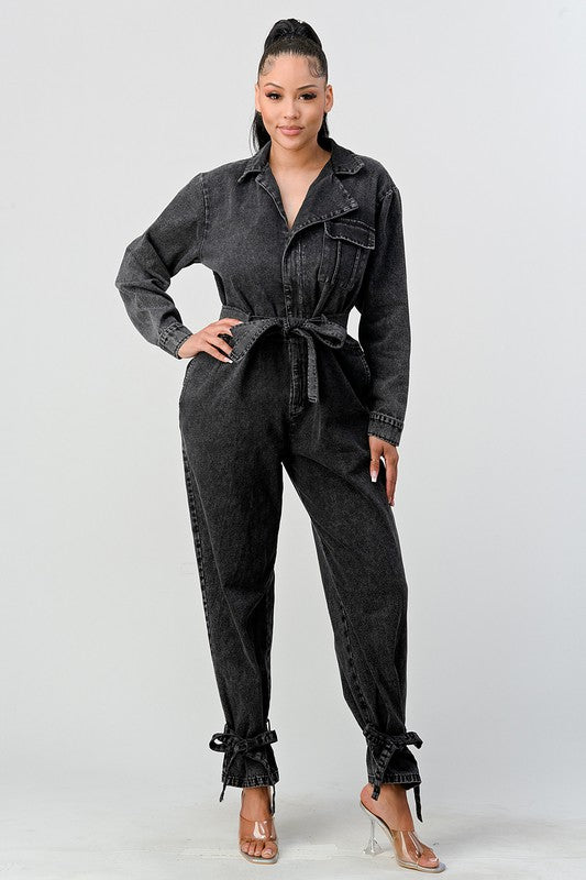 TEEK - BLACK WASHED DENIM TIE ANKLE JUMPSUIT JUMPSUIT TEEK FG   