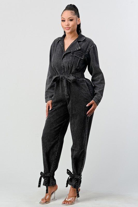 TEEK - BLACK WASHED DENIM TIE ANKLE JUMPSUIT JUMPSUIT TEEK FG   