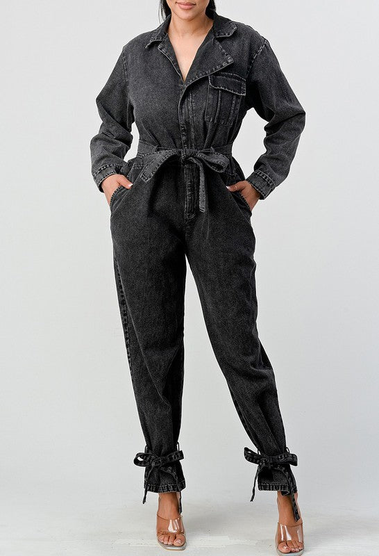 TEEK - BLACK WASHED DENIM TIE ANKLE JUMPSUIT JUMPSUIT TEEK FG S  