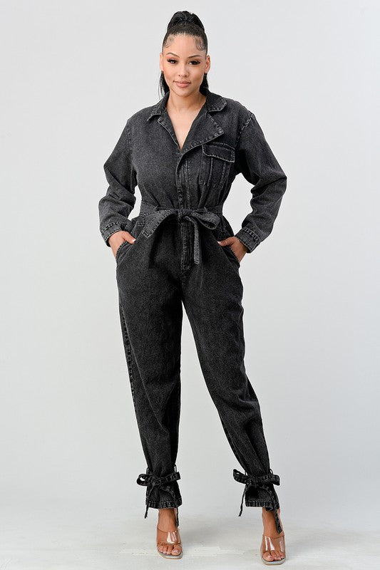 TEEK - BLACK WASHED DENIM TIE ANKLE JUMPSUIT JUMPSUIT TEEK FG   