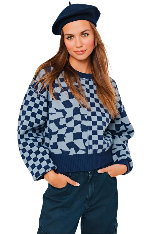 TEEK - Navy Light Bl lite Long Sleeve Checkerboard Sweater SWEATER TEEK FG NAVY-LT BLUE XS