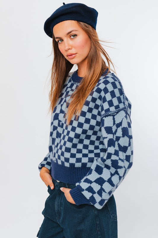 TEEK - Navy Light Bl lite Long Sleeve Checkerboard Sweater SWEATER TEEK FG