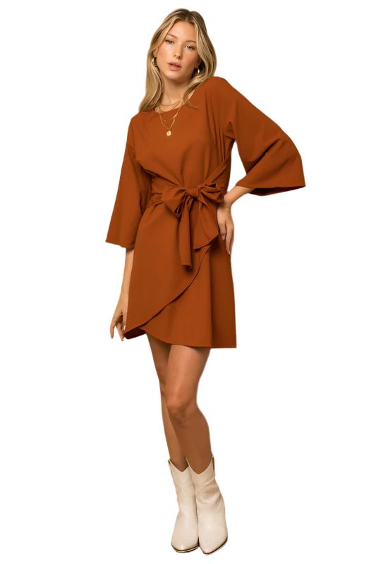 TEEK - Brown Kimono Sleeve Tie Wrap Dress DRESS TEEK FG   