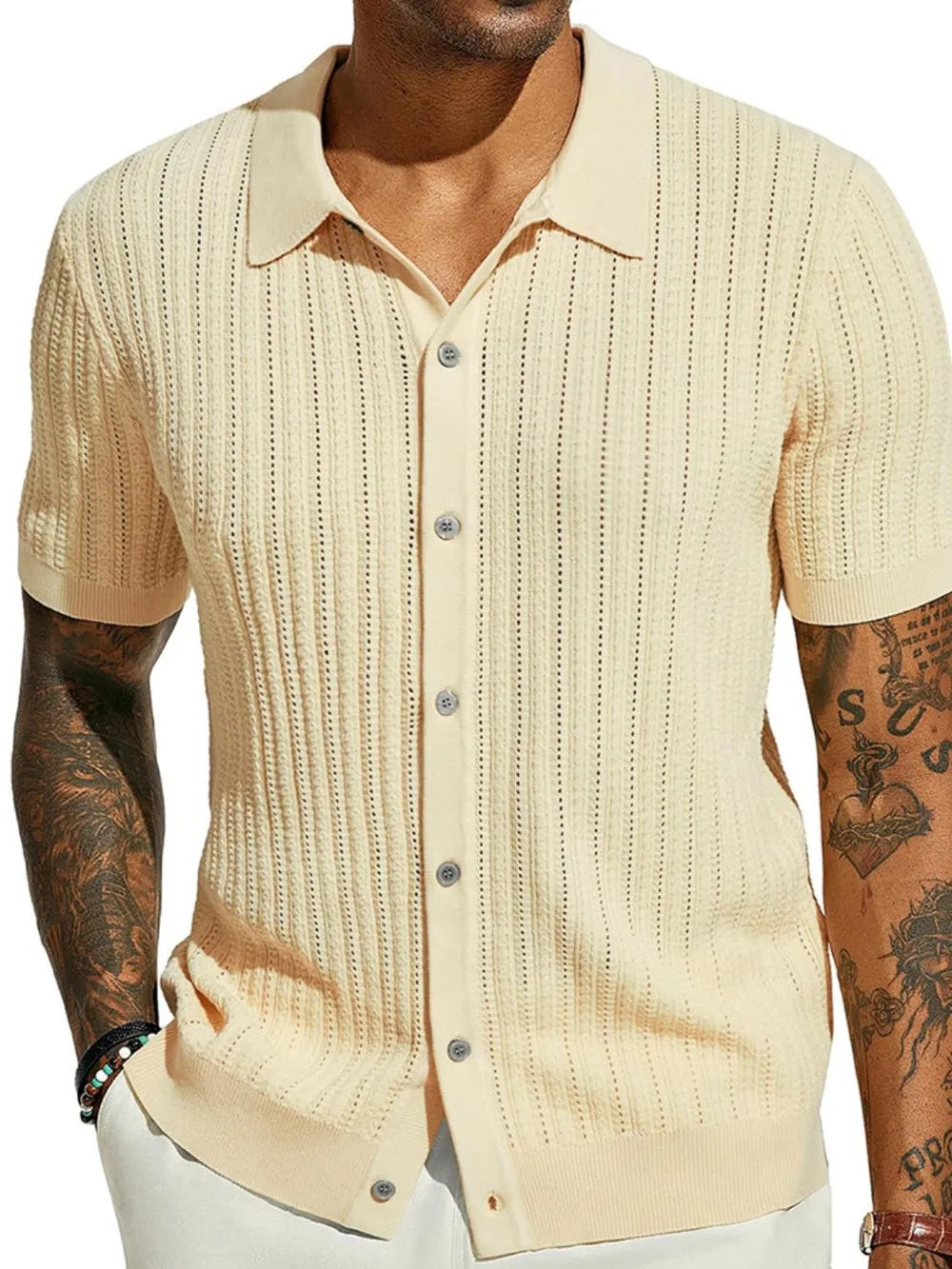 TEEK - Mens Openwork Button Down Collared Neck Shirt TOPS TEEK Trend Cream S