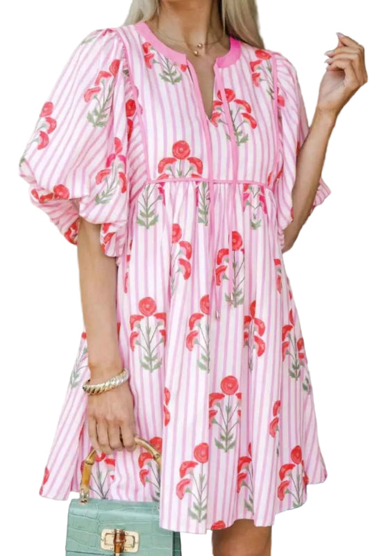 Striped Floral Print Mini Dress Trendsi Blush Pink S