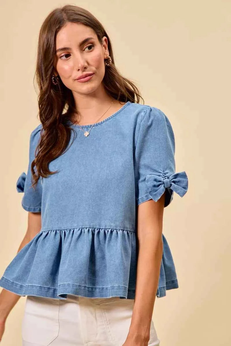TEEK - Denim Bow Detail Short Sleeves Peplum Top TOPS TEEK Trend