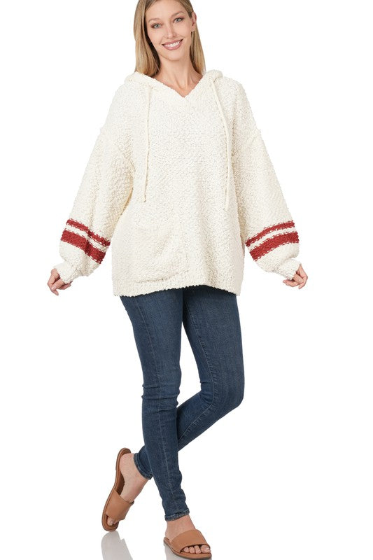 TEEK - Dark Rust Cream Hooded Front Pocket Popcorn Sweater