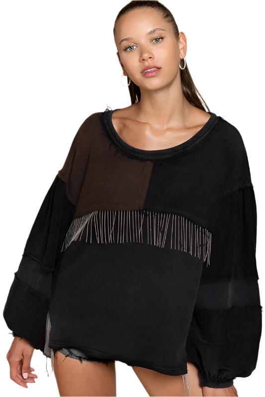 TEEK - Black Multicolor Metal Fringe Detailed French Terry Top TOPS TEEK FG S