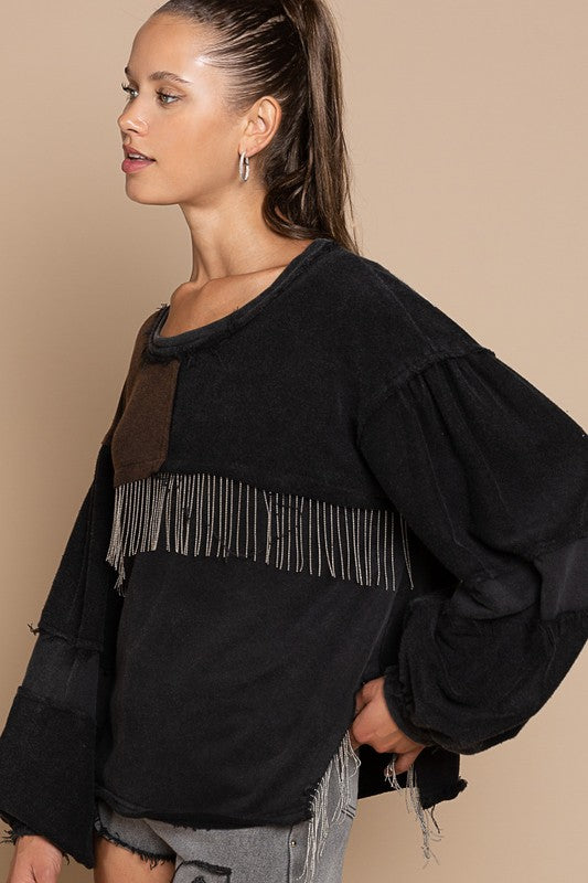 TEEK - Black Multicolor Metal Fringe Detailed French Terry Top TOPS TEEK FG