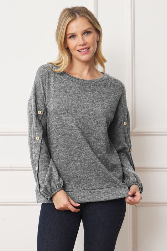 TEEK - Drop Shoulder Button Sleeve Top  TEEK FG Melange Grey S 