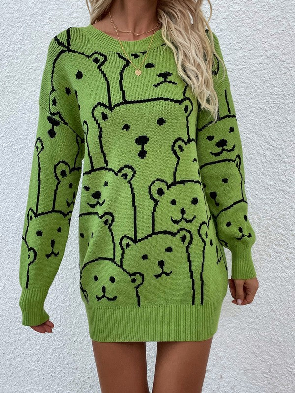 TEEK - Bear Crowd Long Sleeve Round Neck Pullover Sweater SWEATER TEEK MH GREEN S