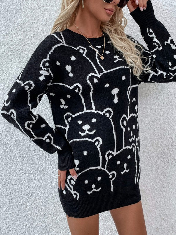 TEEK - Bear Crowd Long Sleeve Round Neck Pullover Sweater SWEATER TEEK MH BLACK S