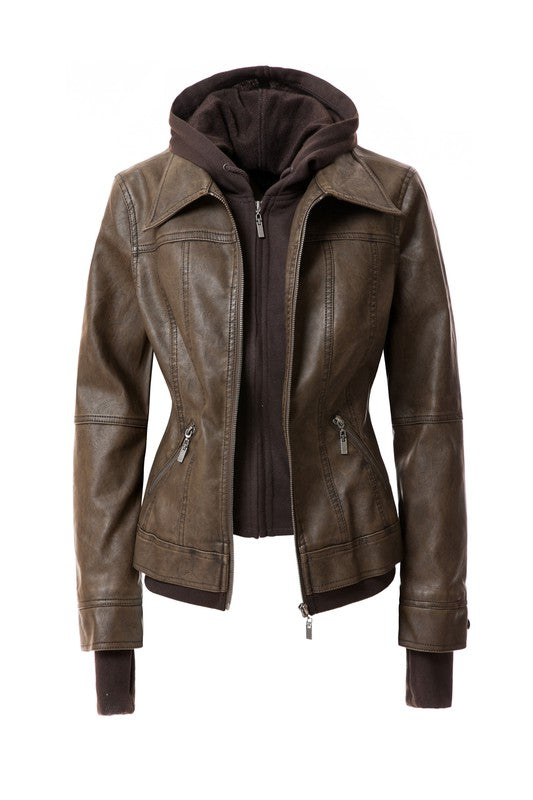 TEEK - Women Detachable Hood PU Leather Jacket JACKET TEEK FG COFFEE S 