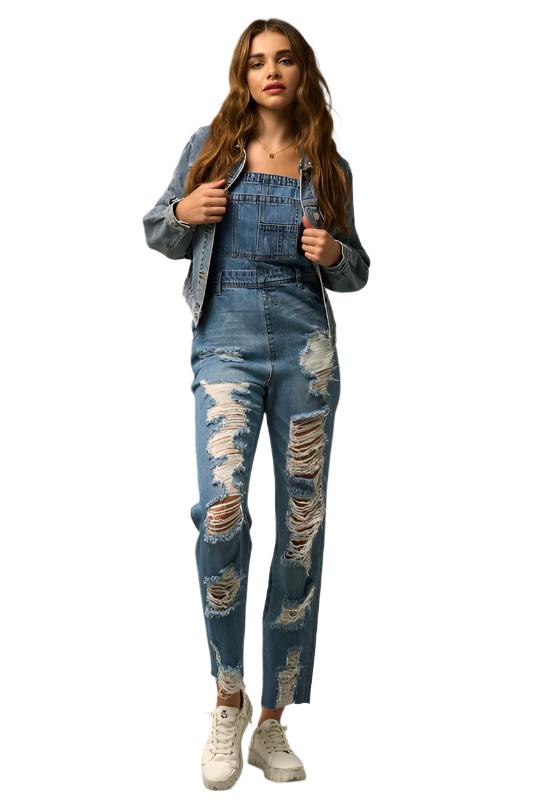 TEEK - MEDIUM WASH HEAVY DISTRESSED STRAIGHT FIT OVERALLS OVERALLS TEEK FG S  