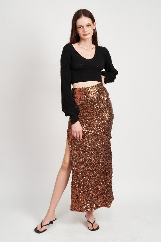 TEEK - BROWN SEQUINED HIGH WAIST MAXI SKIRT SKIRT TEEK FG   