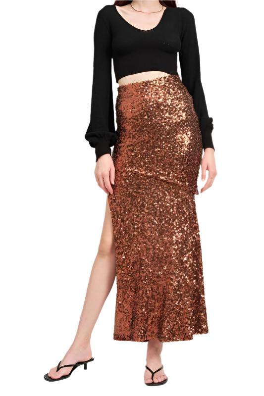 TEEK - BROWN SEQUINED HIGH WAIST MAXI SKIRT SKIRT TEEK FG S  