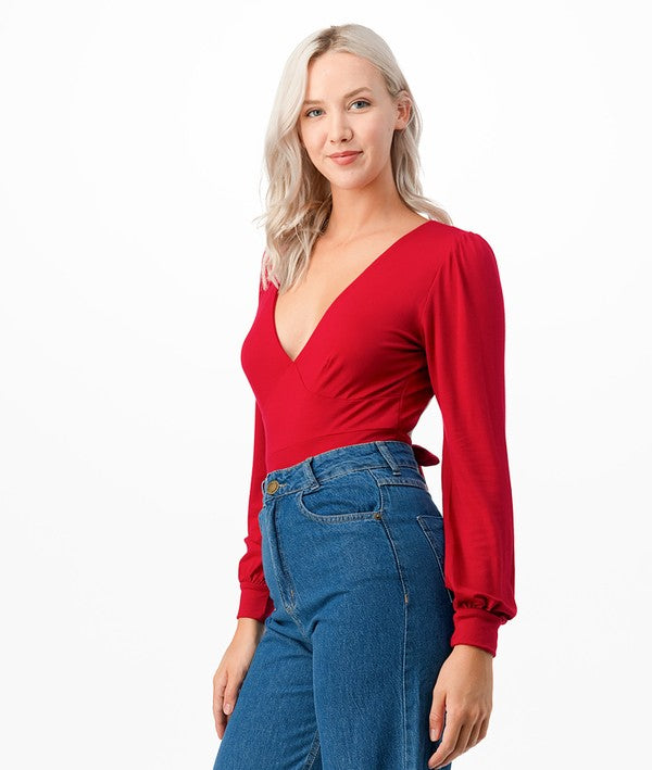 TEEK - Romantic V-Neck Balloon Sleeve Tie-Back Bodysuit TOPS TEEK FG Red L 