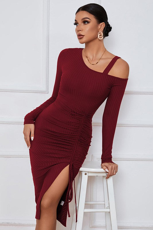 TEEK - BURGUNDY ONE-SHOULDER DRAWSTRING SLIT DRESS DRESS TEEK FG   