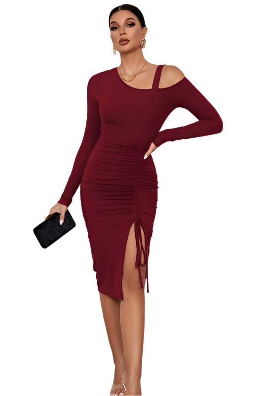 TEEK - BURGUNDY ONE-SHOULDER DRAWSTRING SLIT DRESS DRESS TEEK FG S  