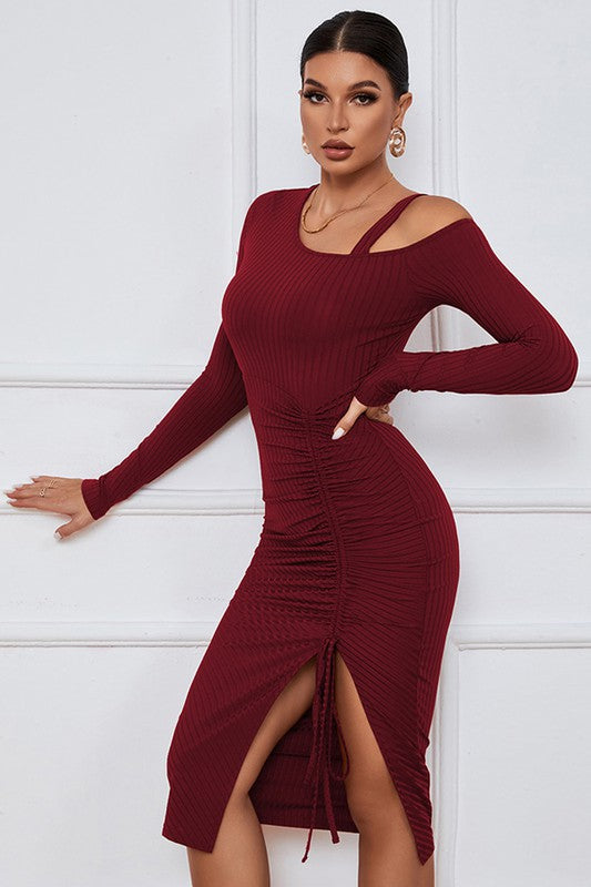 TEEK - BURGUNDY ONE-SHOULDER DRAWSTRING SLIT DRESS DRESS TEEK FG   