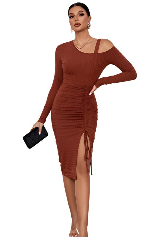 TEEK - DUST ORANGE ONE-SHOULDER DRAWSTRING SLIT DRESS DRESS TEEK FG   