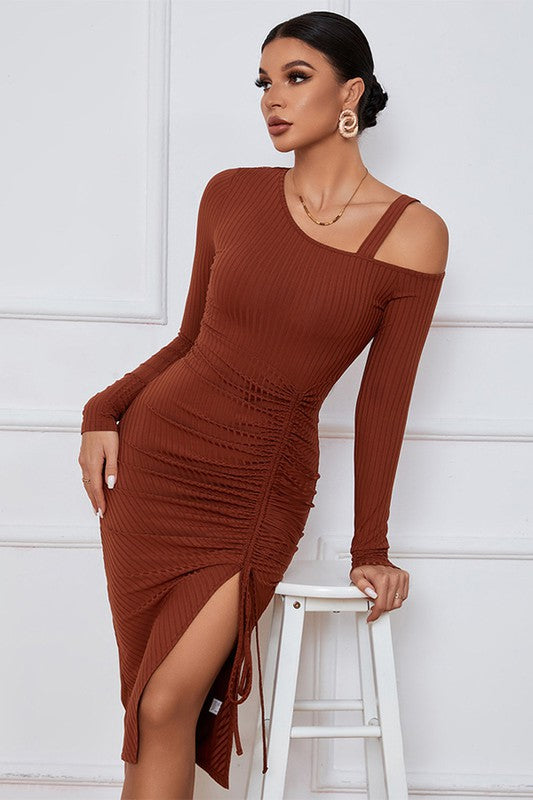 TEEK - DUST ORANGE ONE-SHOULDER DRAWSTRING SLIT DRESS DRESS TEEK FG   