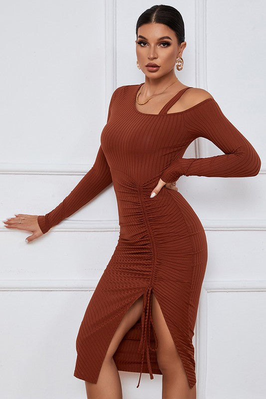 TEEK - DUST ORANGE ONE-SHOULDER DRAWSTRING SLIT DRESS DRESS TEEK FG   