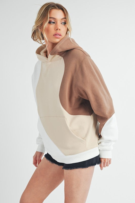 TEEK - Sand Color Block Kangaroo Pocket Hoodie TOPS TEEK Trend