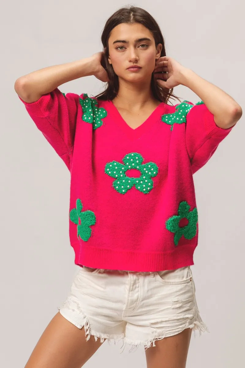 TEEK - Fuchsia Jade Pearl Beads Flowers Sweater Top TOPS TEEK Trend