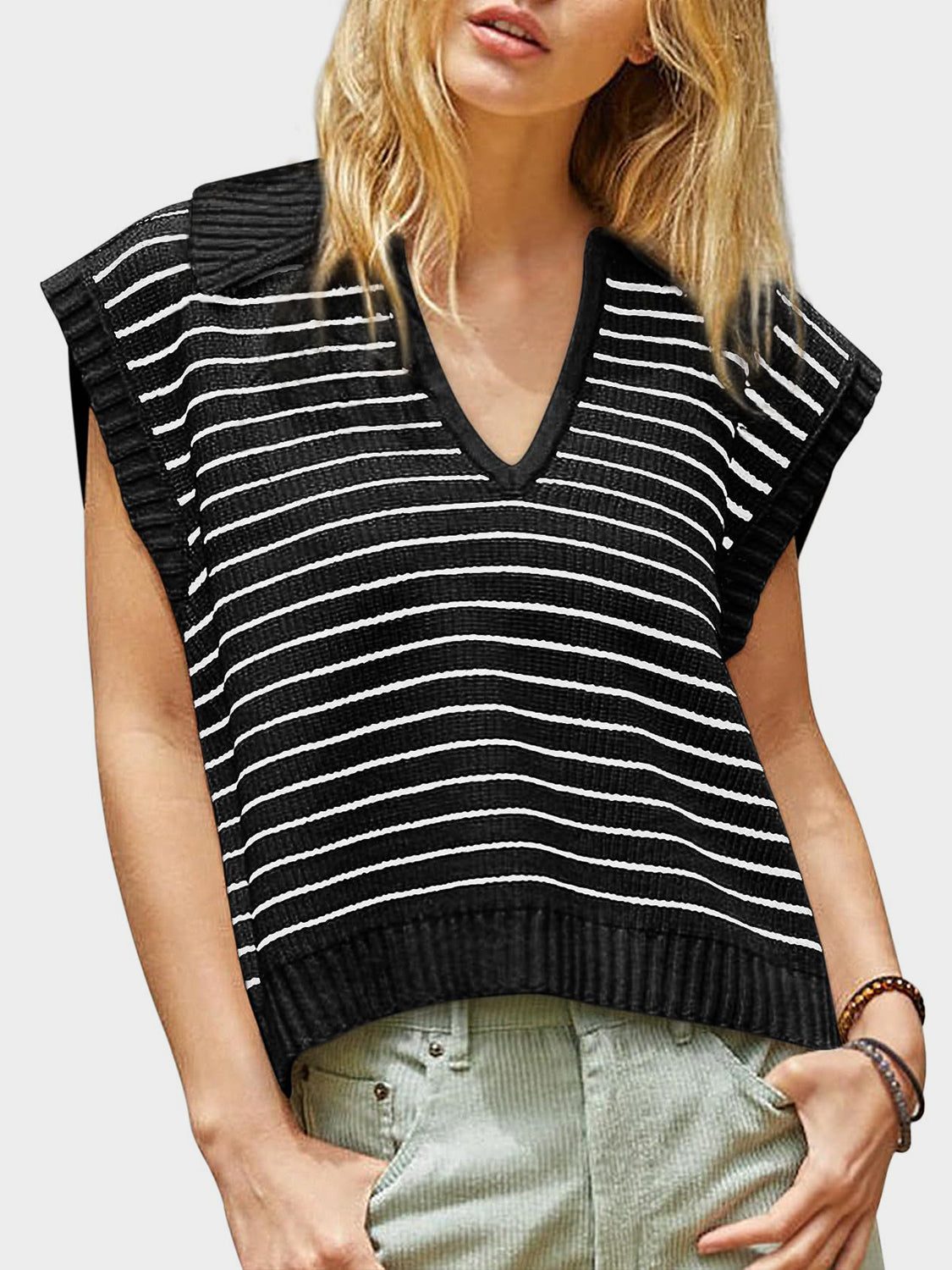 TEEK - Mandy Collared Neck Striped Sweater Vest TOPS TEEK Trend