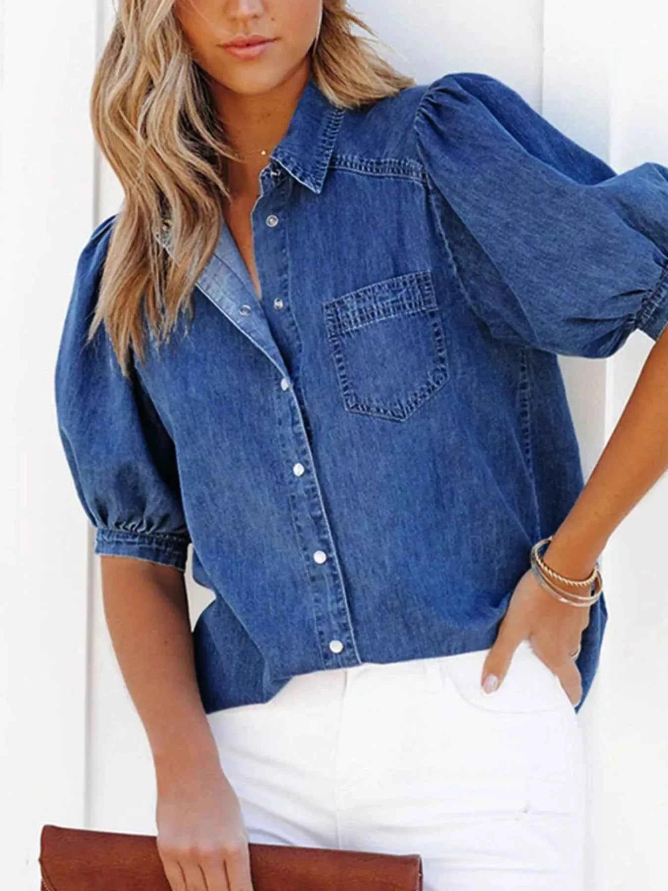 Puff Sleeve Button-Down Denim Top Trendsi