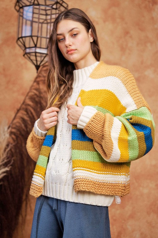 TEEK - Camel Multicolor Contrast Striped Open Front Lantern Sleeve Cardigan SWEATER TEEK Trend