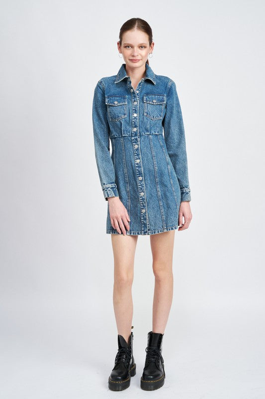 cinched waist denim shirt dress Cinched Waist Button Down Turn Up Hem Detail Mini Dress In Indigo Blue Denim | EGO US