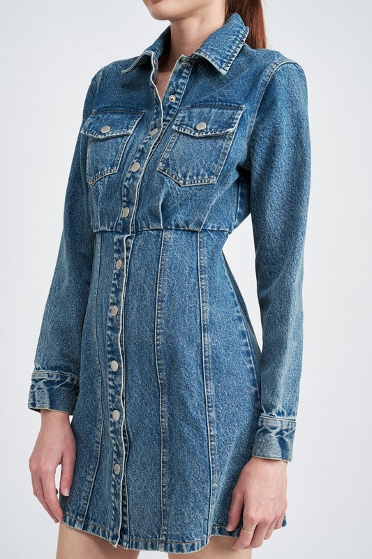 cinched waist denim shirt dress boohoo Women's Long Sleeve Cinched Waist Denim Dress