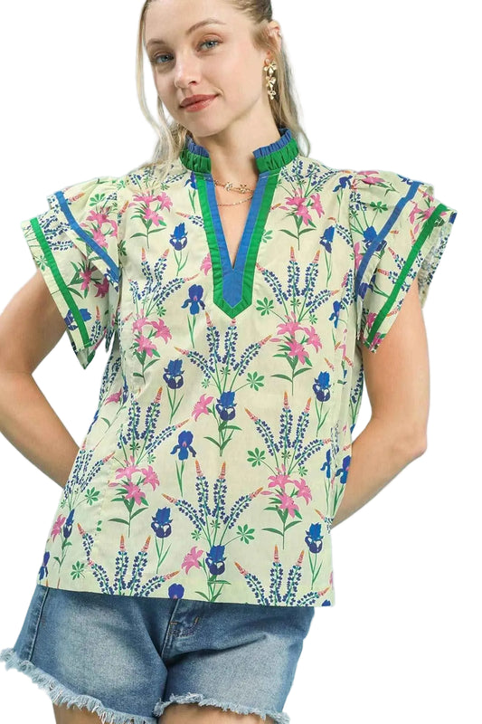 Umgee Mix Floral Print Blouse with Contrast Trim Trendsi CREAM MIX S