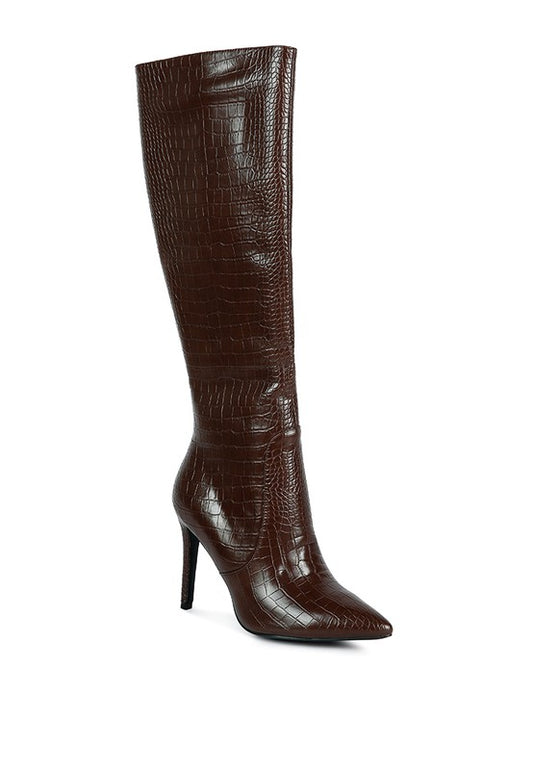 TEEK - Indulgent High Heel Croc Calf Boots SHOES TEEK FG Dark Brown 5 