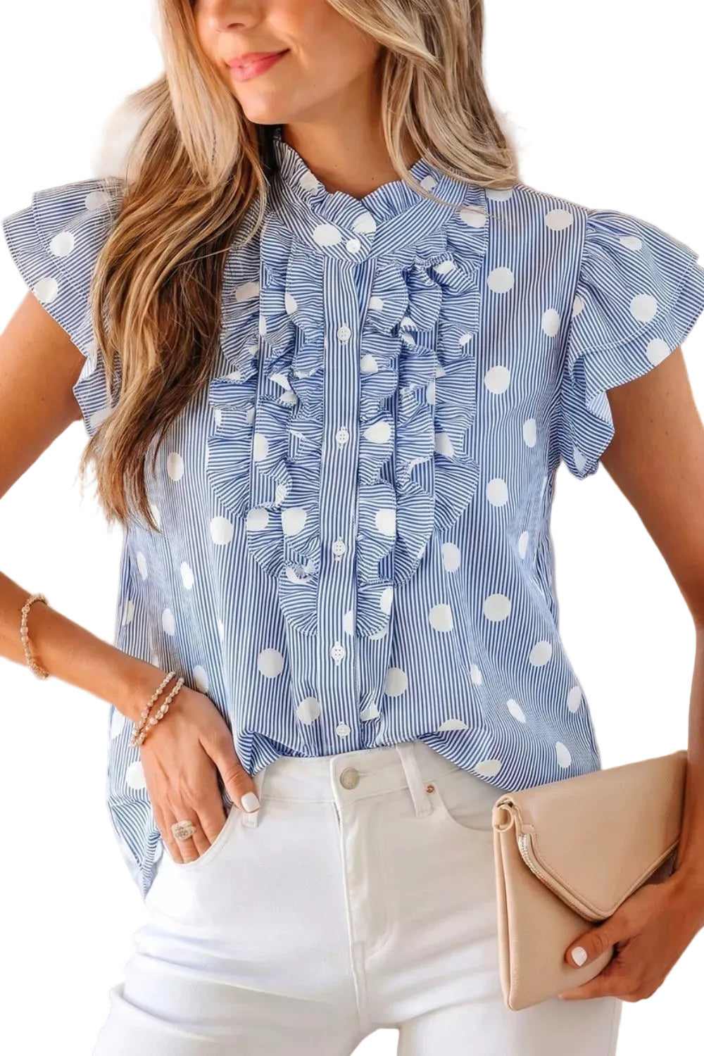 Stripe Contrast Polka Dot Print Pleated Ruffle Sleeve Shirt Trendsi Light Blue S