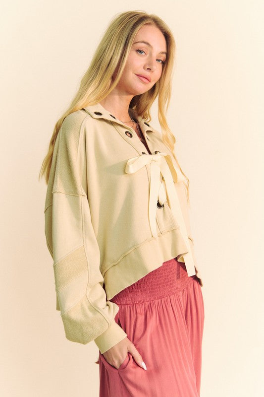 TEEK - Tan Lace Up Exposed Seam French Terry Top TOPS TEEK Trend