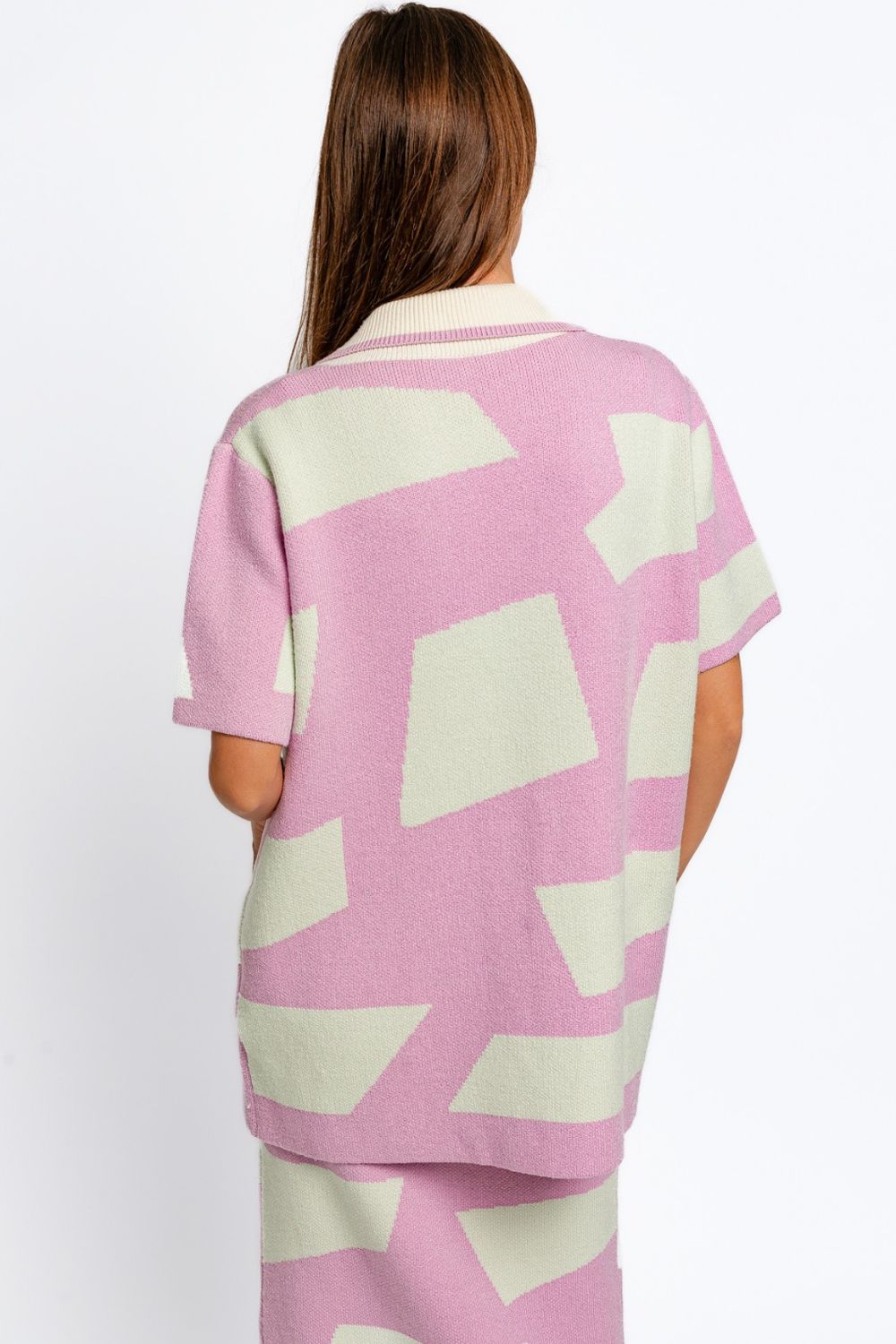 TEEK - Pink Mint Abstract Contrast Short Sleeve Collared Cardigan SWEATER TEEK Trend   