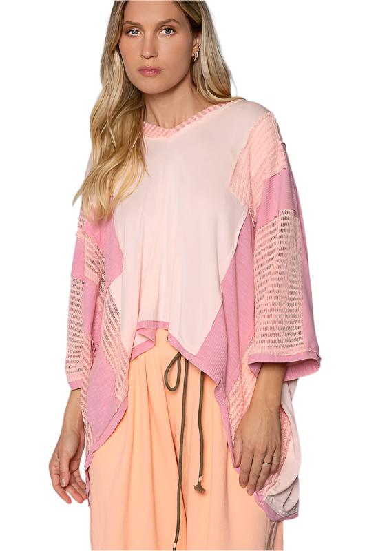 TEEK - Peach Blush Oversize High-Low Contrast V-Neck 3/4 Sleeve Top TOPS TEEK FG PEACH BLUSH S 