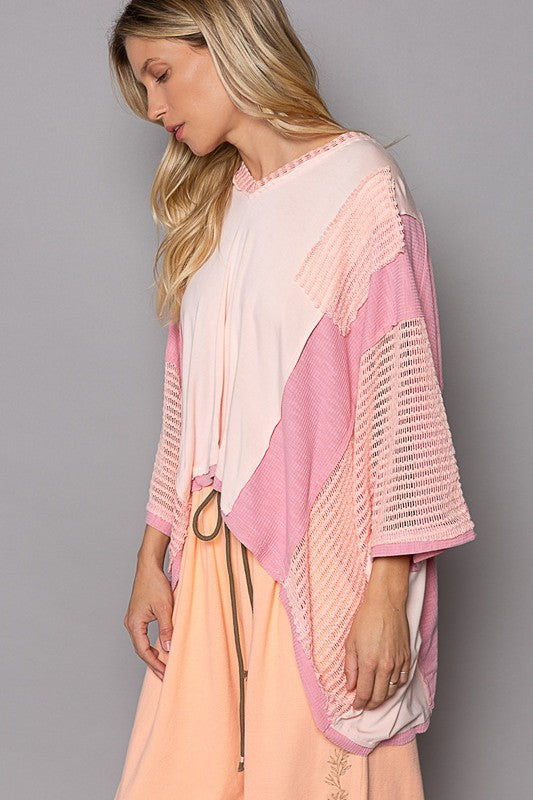 TEEK - Peach Blush Oversize High-Low Contrast V-Neck 3/4 Sleeve Top TOPS TEEK FG   