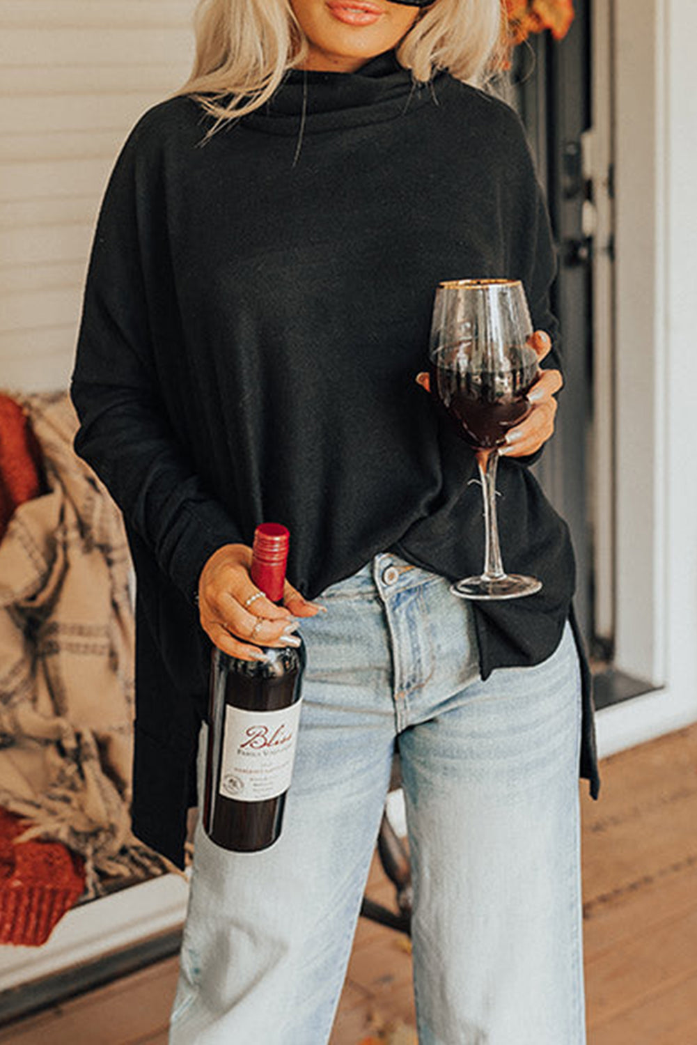 TEEK - Side Slit High-Low Cowl Neck Long Sleeve Top