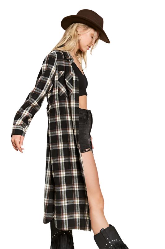 TEEK - PLUS SIZE  PLAID PRINT COLLAR LONG SHIRT DRESS DRESS TEEK FG   