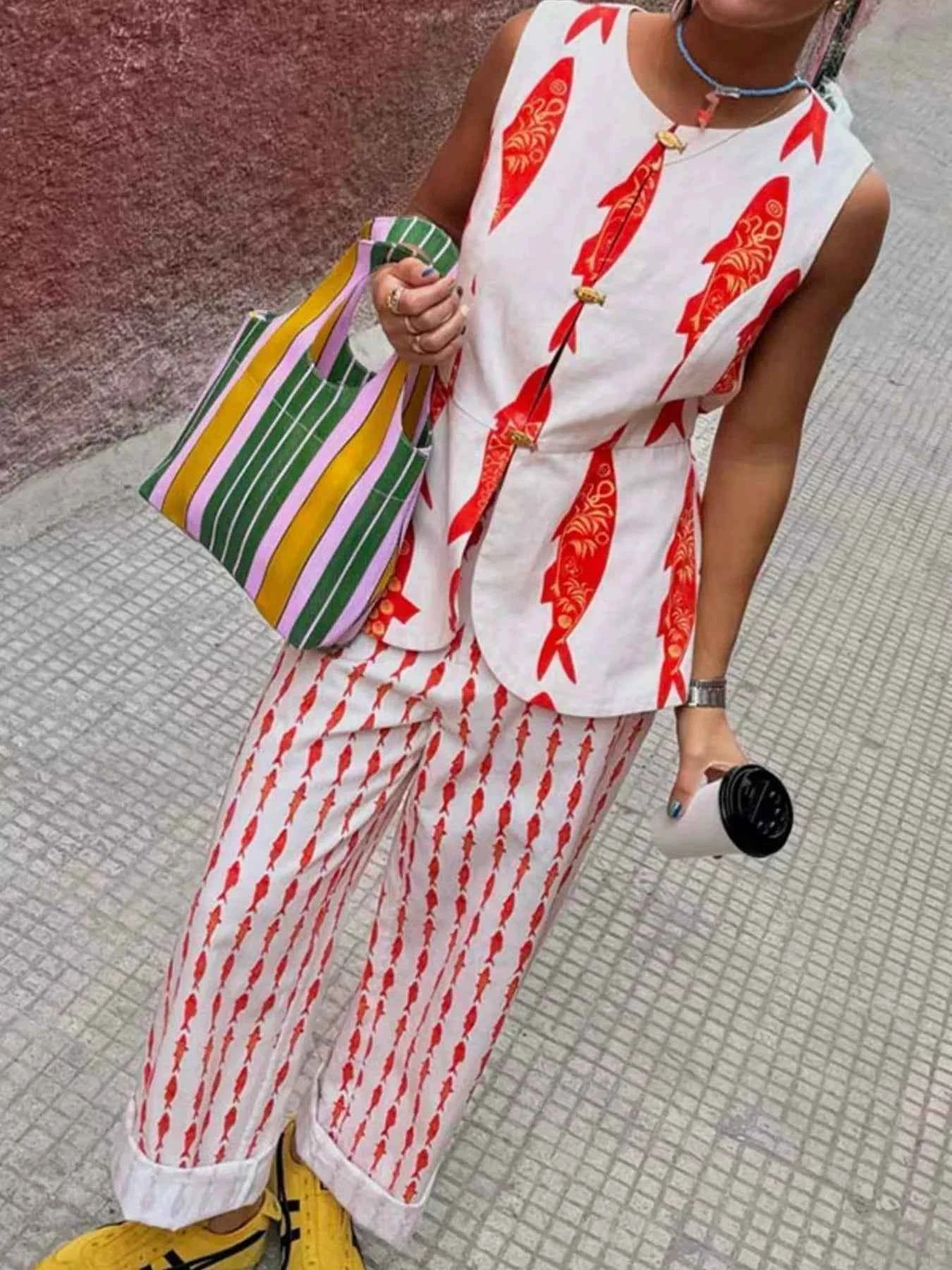 TEEK - Fish Print Sleeveless Top and Pants Set SET TEEK Trend