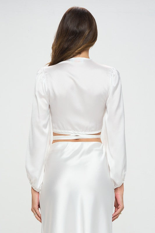 TEEK - White Silky Satin Wrap Crop Top with Tie TOPS TEEK FG   